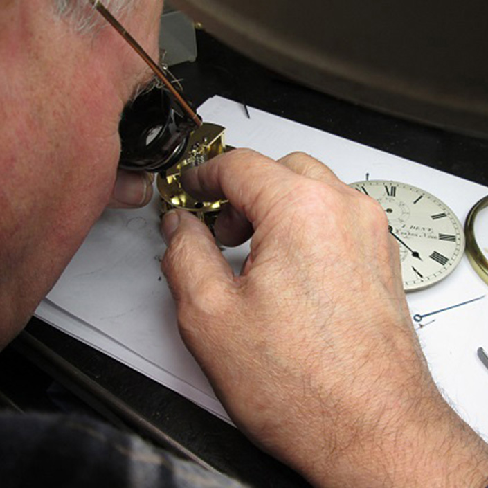 Paul Fryer checking over an Overhauled Marine Chronometer by Edward Dent believed to date from the 1840s